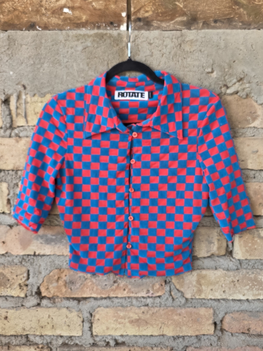 ROTATE Birger Christensen Red & Blue Checkerboard Textured Button Top Size 8